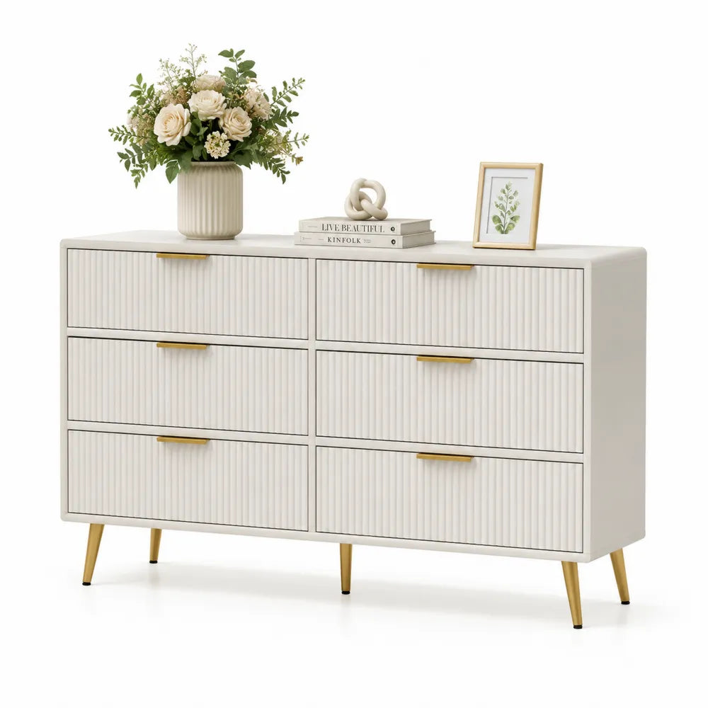 Cassettiera a Sei Cassetti in MDF con Gambe in Metallo Bianco