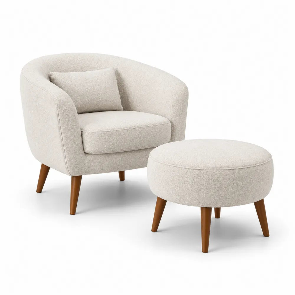 Poltrona e Pouf in Tessuto Beige con Gambe in Legno