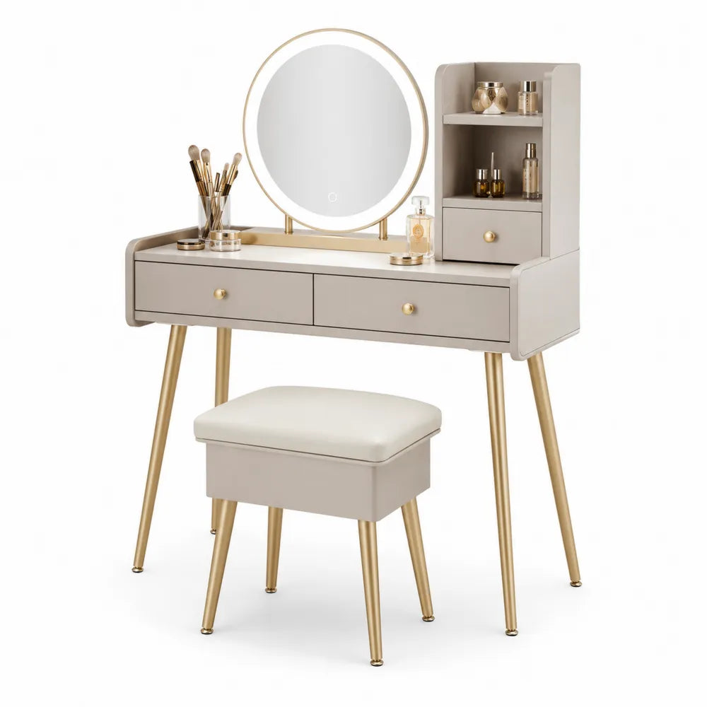 Toeletta con Specchio LED e Sgabello in Legno e Metallo