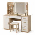 Toilette con Specchio LED e Sgabello, MDF e Legno Chiaro