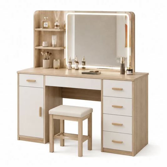 Toilette con Specchio LED e Sgabello, MDF e Legno Chiaro