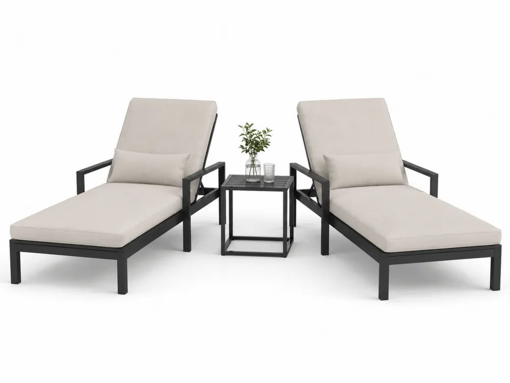 Set Lettini in Alluminio Nero con Cuscini in Poliestere Beige