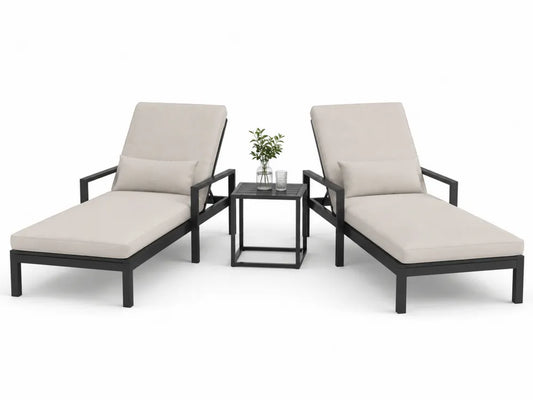 Set Lettini in Alluminio Nero con Cuscini in Poliestere Beige