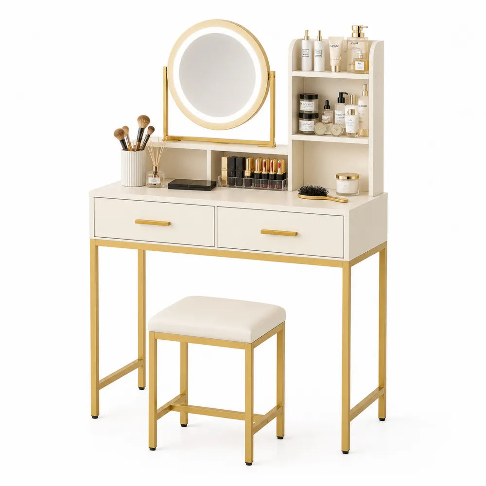 Toeletta in MDF e Metallo con Specchio LED e Sgabello, Bianco/Oro
