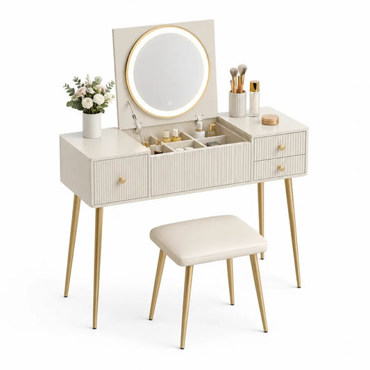 Toeletta con Specchio LED e Sgabello in Legno e Metallo, Bianco e Oro