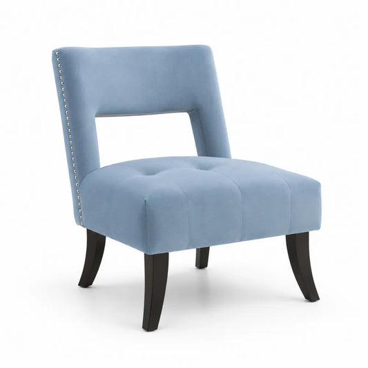 Poltrona in velluto blu con gambe in legno