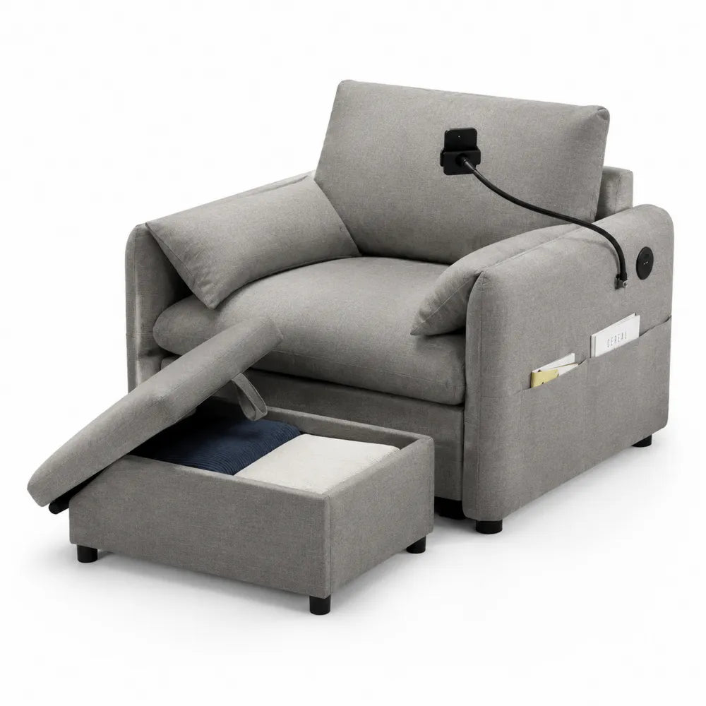 Poltrona con Pouf Contenitore in Tessuto Poliestere Grigio