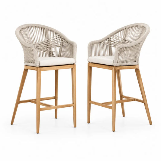 Set di 2 sgabelli da bar in legno e corda con cuscino crema