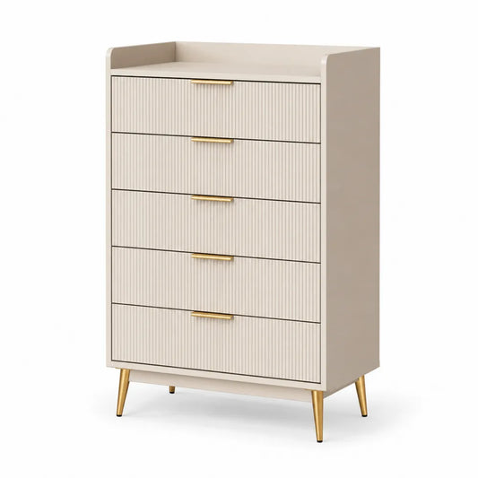Cassettiera in MDF e Metallo a Cinque Cassetti Beige e Dorato