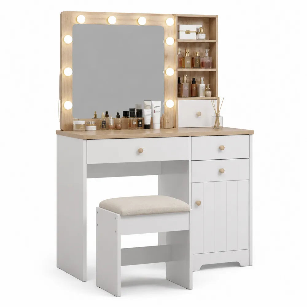 Tavolo da Toeletta in Legno con Sgabello, Specchio e Luci LED