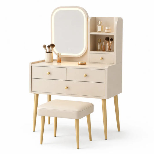 Tocador Beige con Specchio LED e Sgabello, Legno e Metallo, 80x40x130 cm
