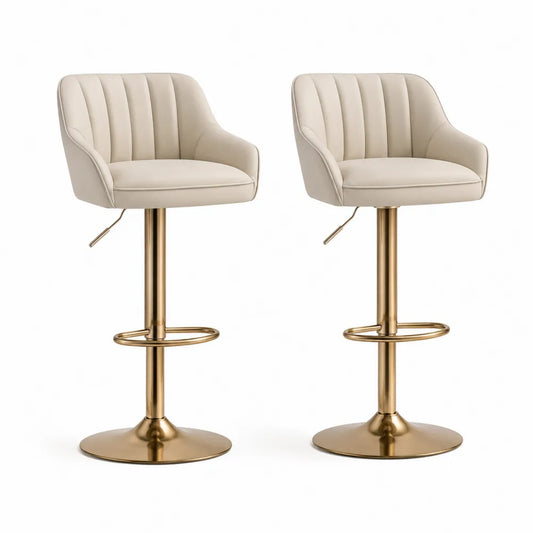 Set di 2 Sgabelli da Bar in Similpelle Beige con Base in Metallo Oro